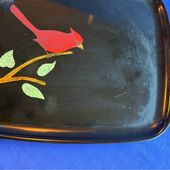 Vintage Couroc of Monterey Black Lacquer Tray with Red Cardinal & Branch - Picture 3 of 7